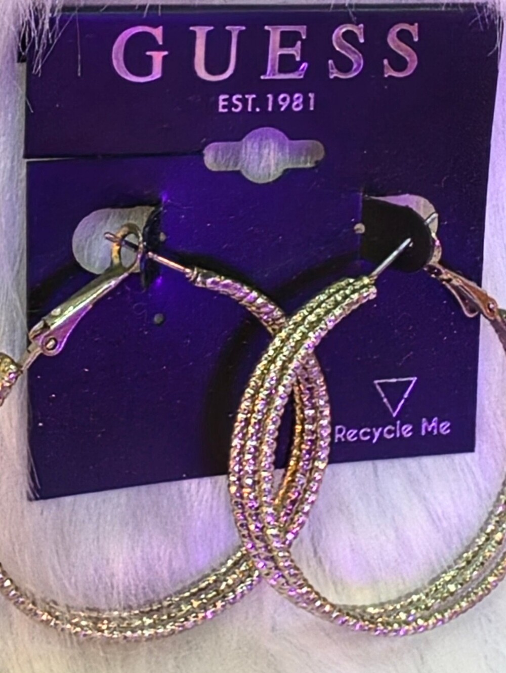 Guess Silver Rhinestone Hoop Earrings Triple Row Crystal Pave Hoops